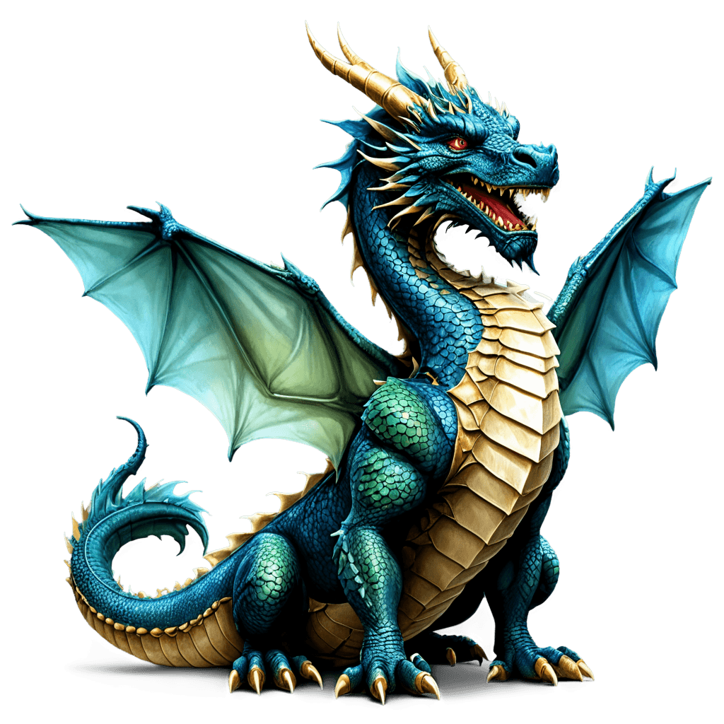 A blue dragon with gold wings and blue eyes