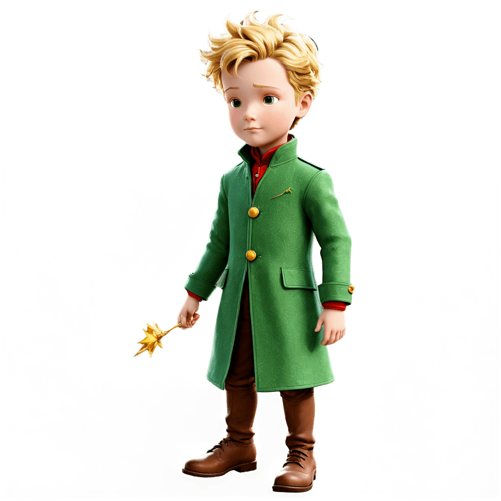 A cartoon boy with a green coat holding a flower