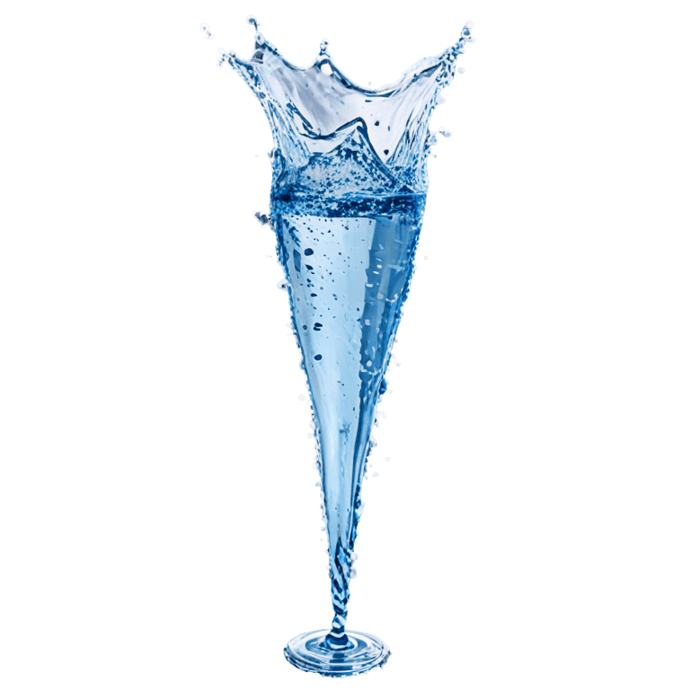 A clear water glass with splashes of water around it