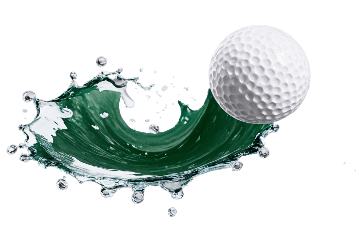 A golf ball and water splatter on a green background