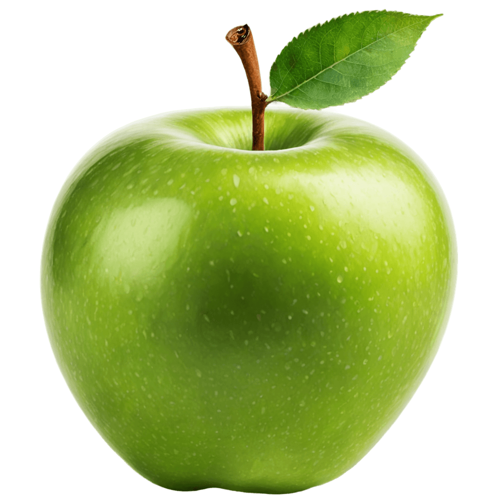 A green apple with a stem and a leaf on it