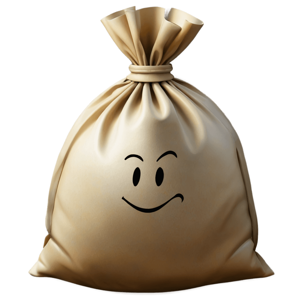 A smiling bag of money sitting on a beige background