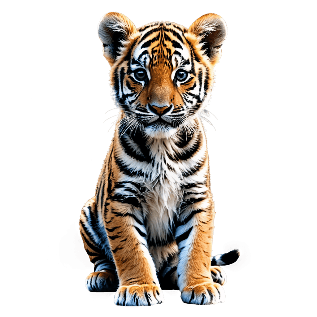 A tiger cub sits on a grey background