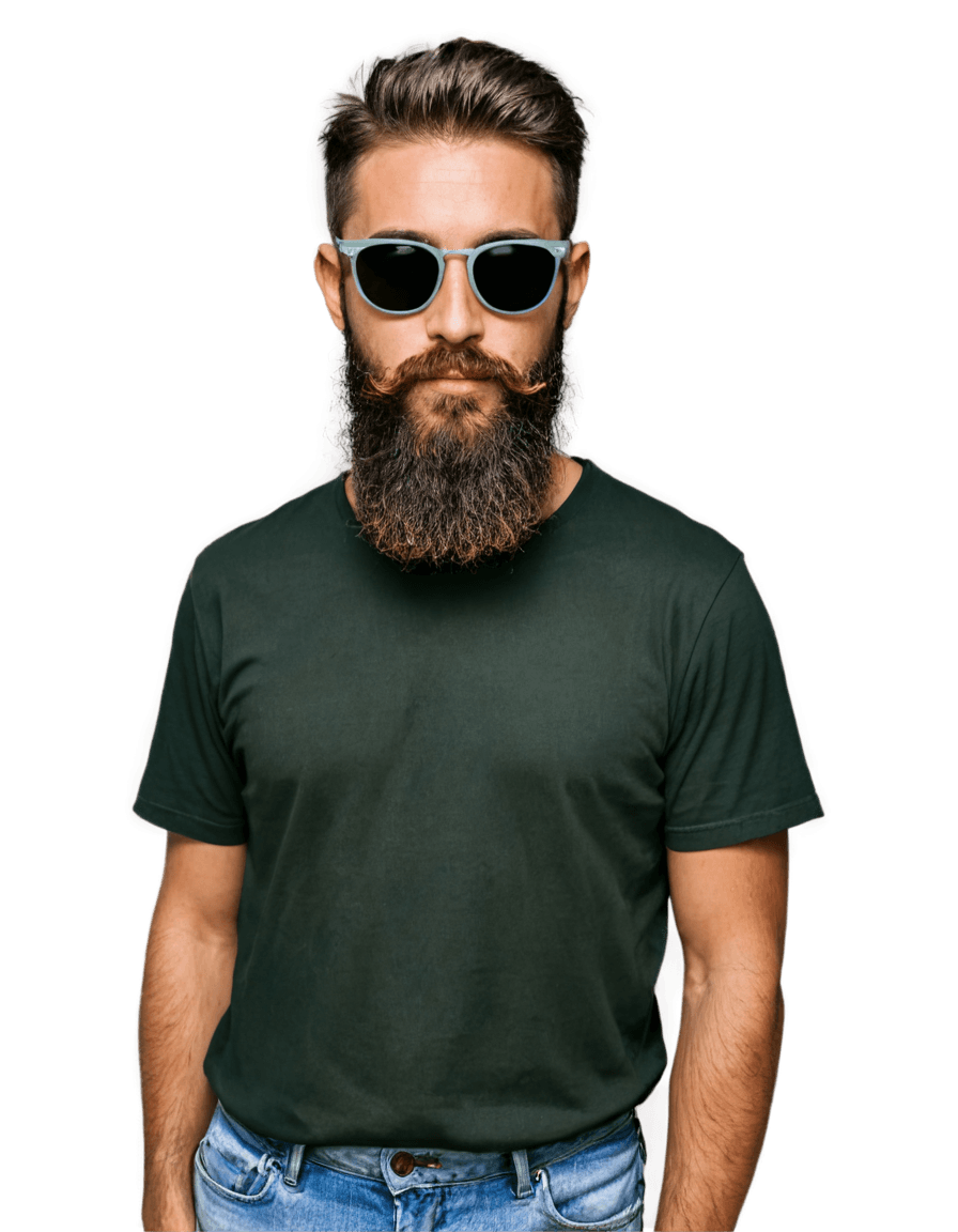 gafas de sol, barba negra larga, barba negra rizada, barba rojiza