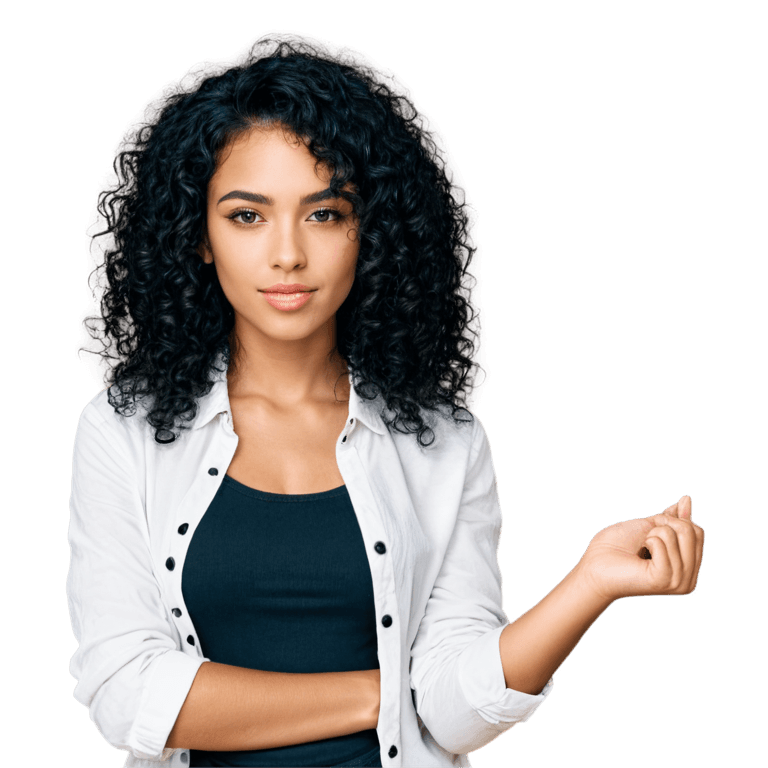 black curly hair model png A young woman with curly hair wearing a white shirt and black shirt