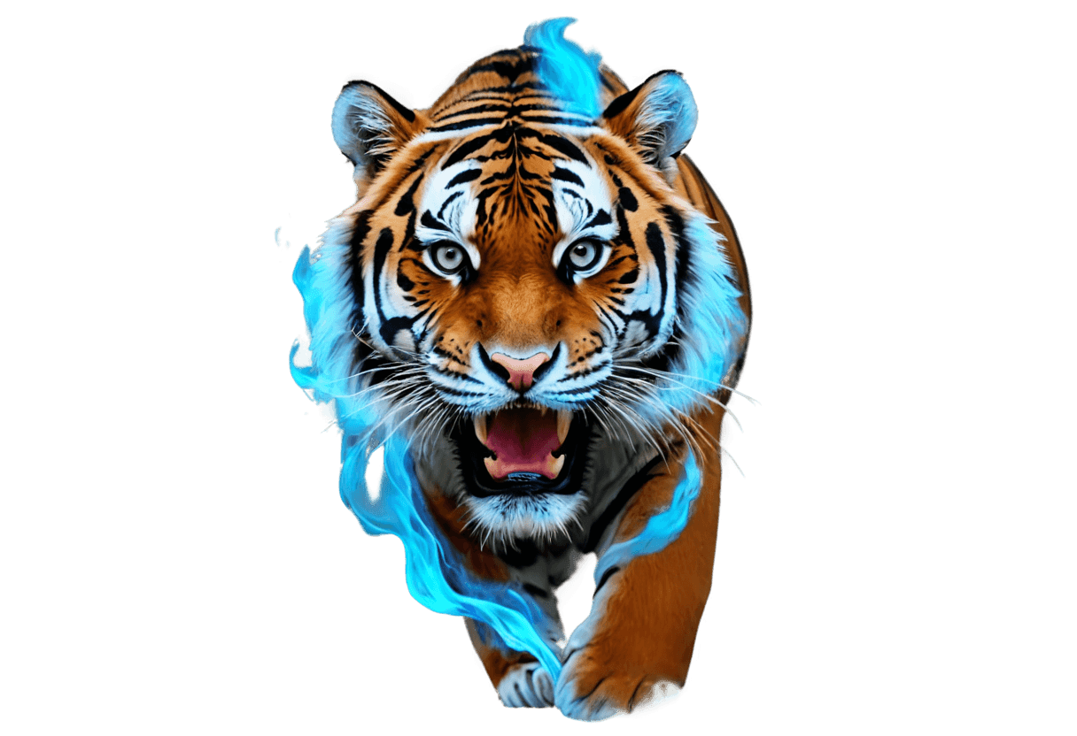 tiger,((tiger)),glowing fire background,tiger skin,tiger head,digital effects fantasy