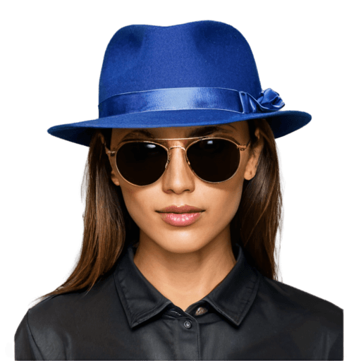 gafas de sol, sombrero de fieltro azul, sombrero de seda, icono de aplicación, mujer con sombrero