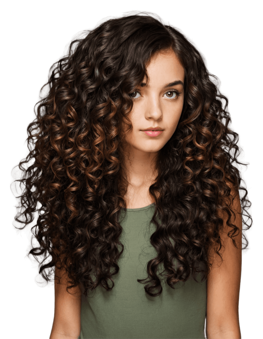 curly brown hair png A young girl with curly hair poses for a photo