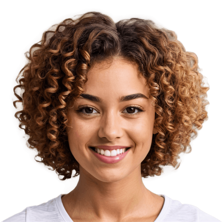 curly hair emoji png A girl with curly hair and a white shirt smiles