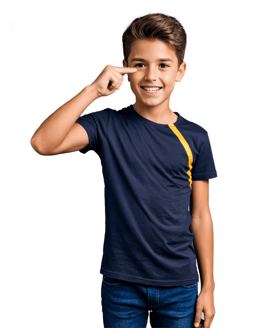 f boy emoji png A young boy in a blue shirt and blue jeans smiles and points at his nose