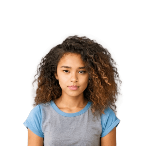 floof hair png girl A young woman with curly hair poses for the camera