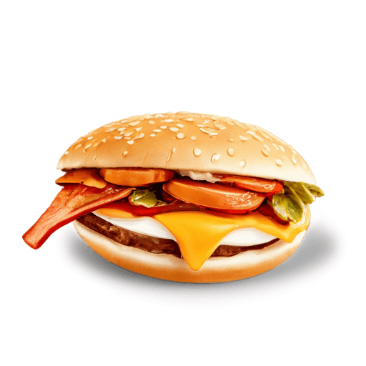food emojis in png A burger with cheese and bacon on a brown background