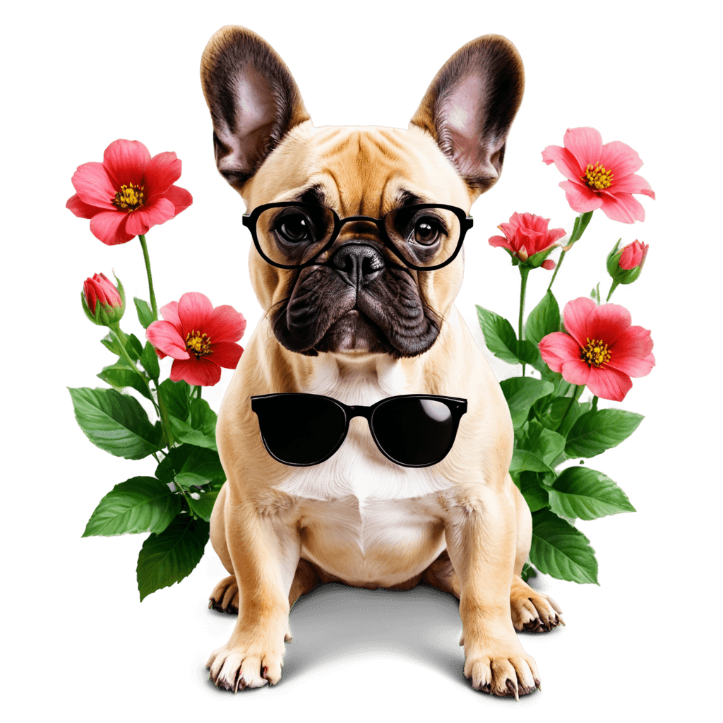 sunglasses,french bulldog with sunglasses flowers png,dating app icon,trending on artbreeder,cute dog,kawaii cute dog