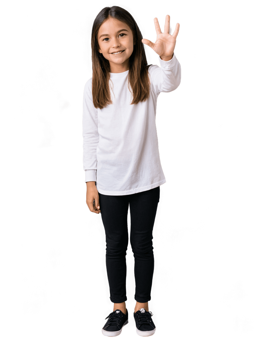 girl emoji png A smiling girl in a white shirt and black pants makes a three hand gesture