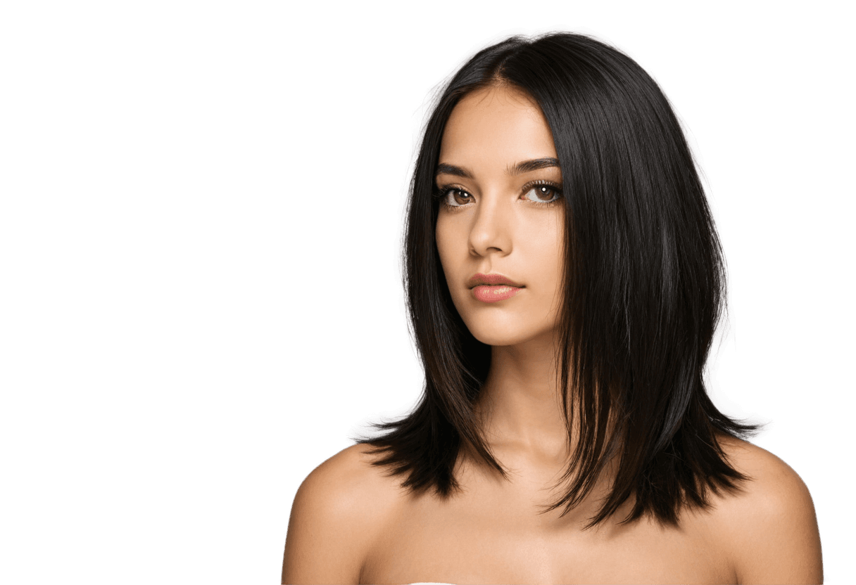 hair transparent png A woman with dark hair and a light skin tone is standing against a brown background