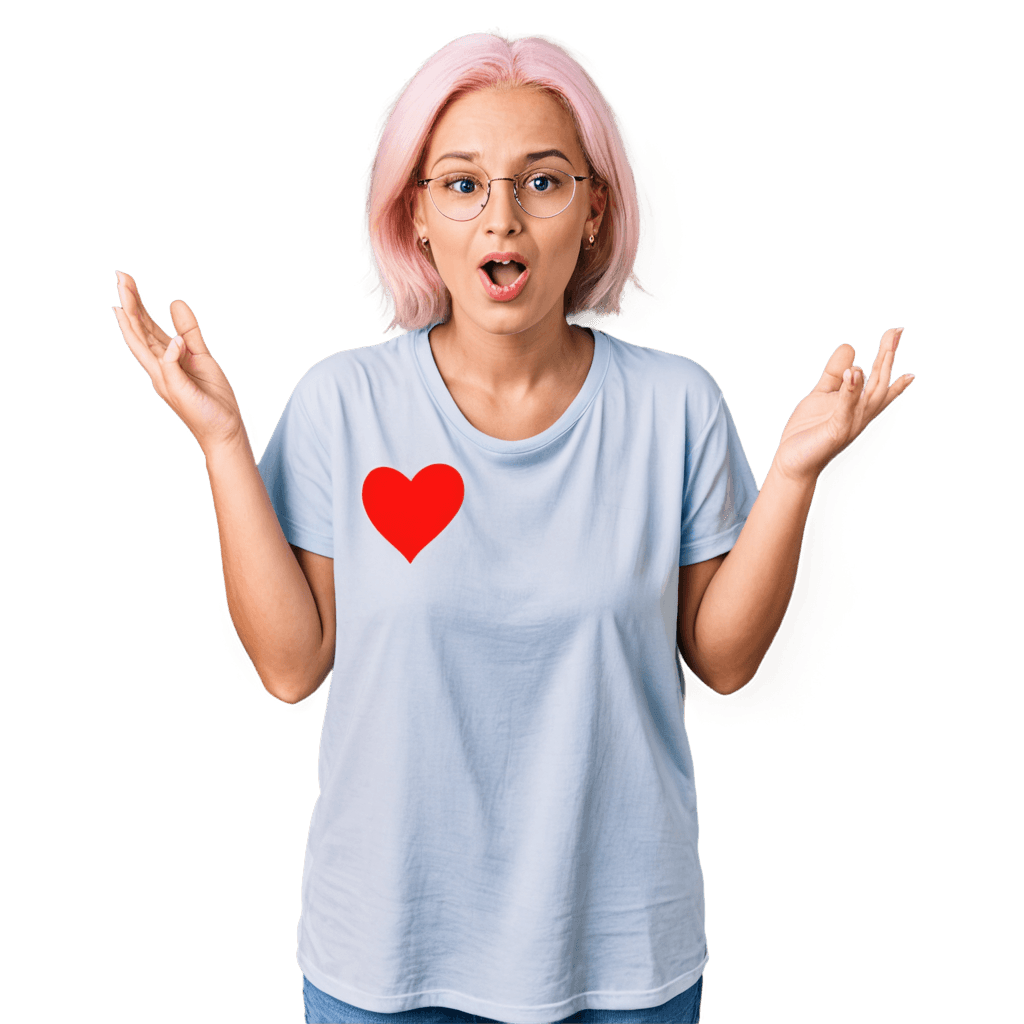 heart meme template png A woman with pink hair and a red heart on her shirt makes a surprised face