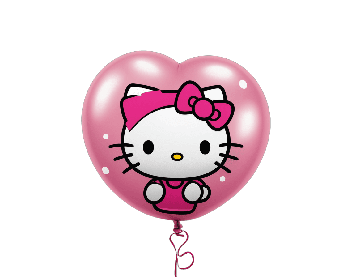 hello kitty,sanrio,pink iconic character,holding a balloon,party balloons