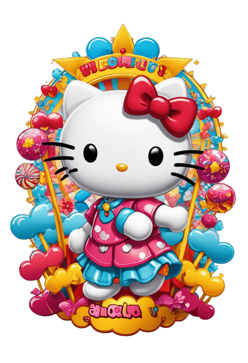 hello kitty,sanrio,made of lollypops,japanese pop surrealism,anthropomorphic female cat