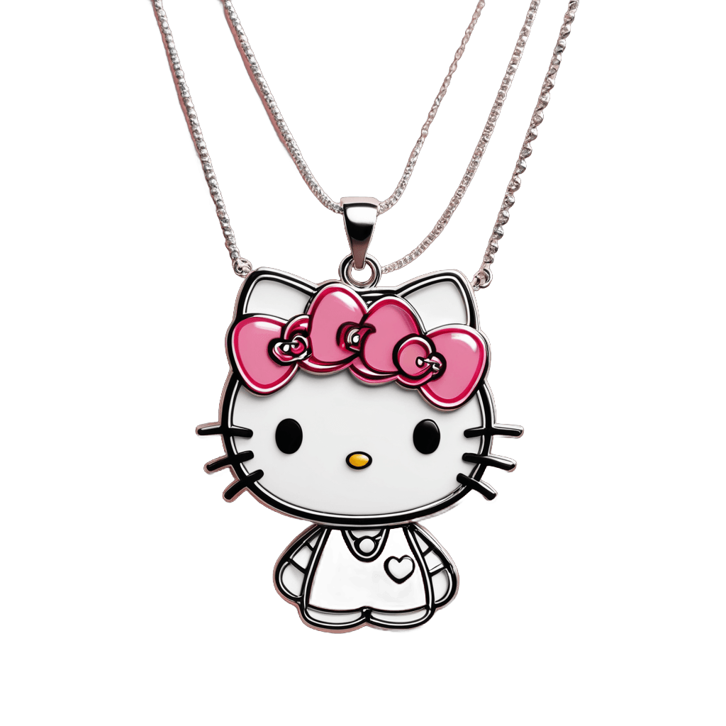 hello kitty,rapper bling jewelry,silver necklace,cartoonish cute,anthropomorphic female cat,necklace