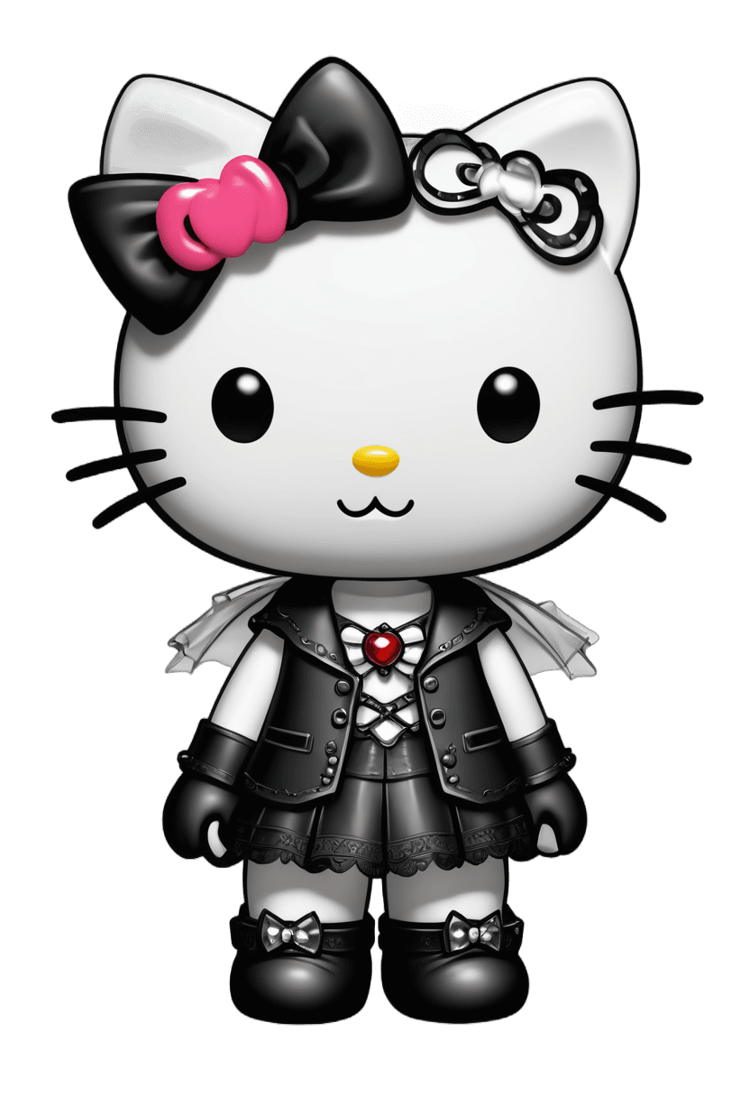 hello kitty,hello kitty png goth,cute!! chibi!!! catgirl,anthropomorphic female cat,gothic style,vinyl designer toy