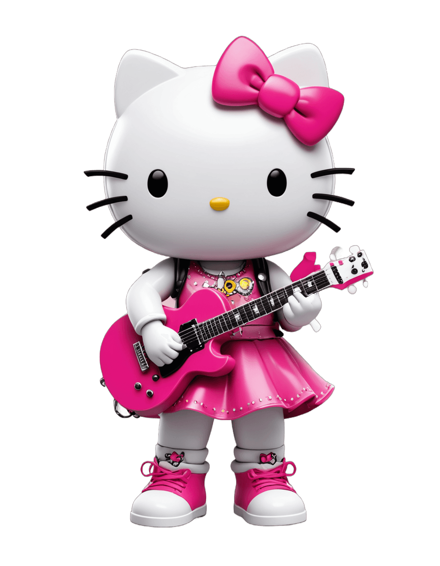 Hello Kitty, Hello Kitty Rockstar PNG, figura de juguete de vinilo, guitarra principal, mascota de cuerpo completo, tocar la guitarra