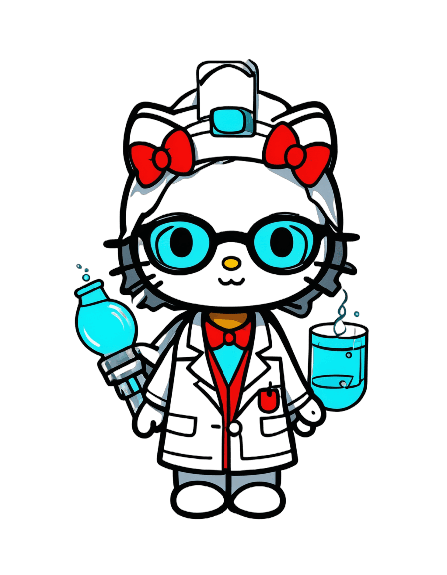 hello kitty,hello kitty scientist png,quantum wavetracing,laboratory background,elokitty,cute!! chibi!!! catgirl