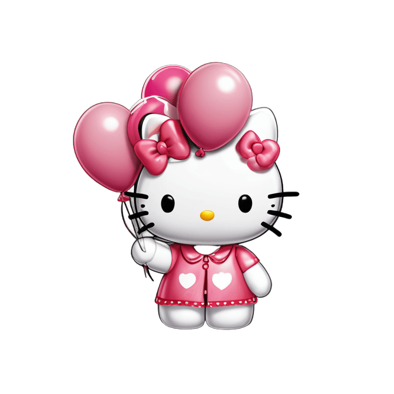 ¡Hola gatito,Hola gatito con globo png transparente,gatito,lindo! C4D, personaje icónico rosa, gato kawaii