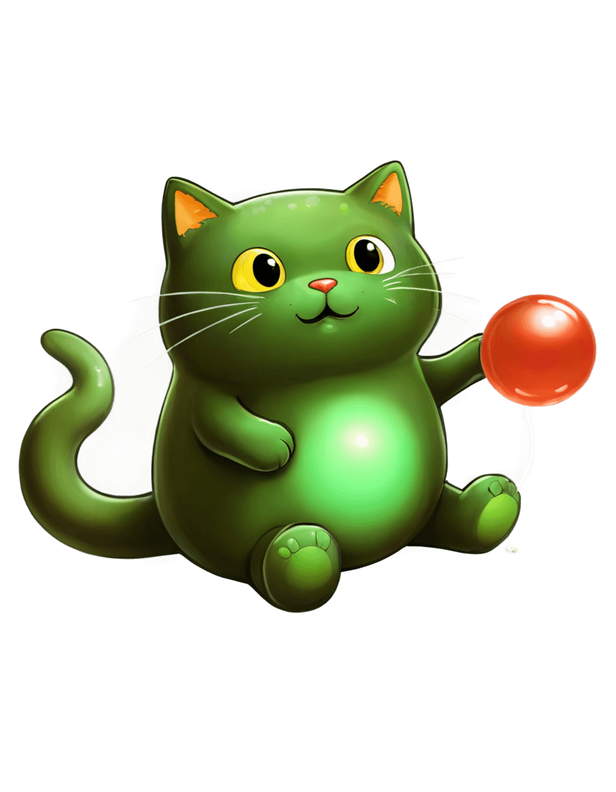 jelly cat logo png Green cat holding a red ball in its paws