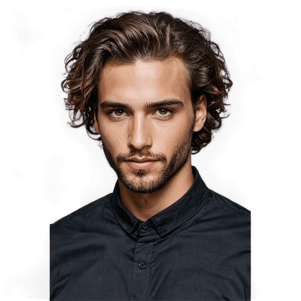 male hair model png A young man with curly hair and beard