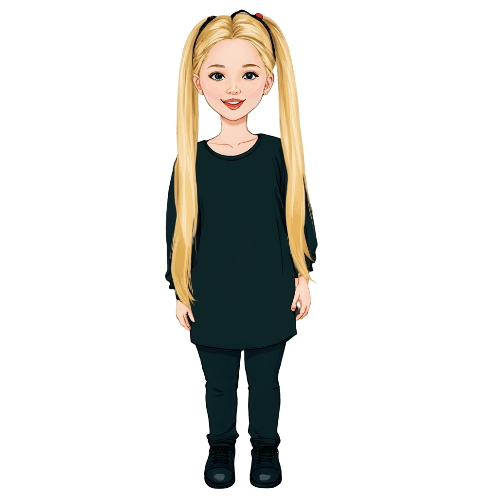 melonheadz blonde girl hair clip art png A cartoon girl wears a black shirt and black pants