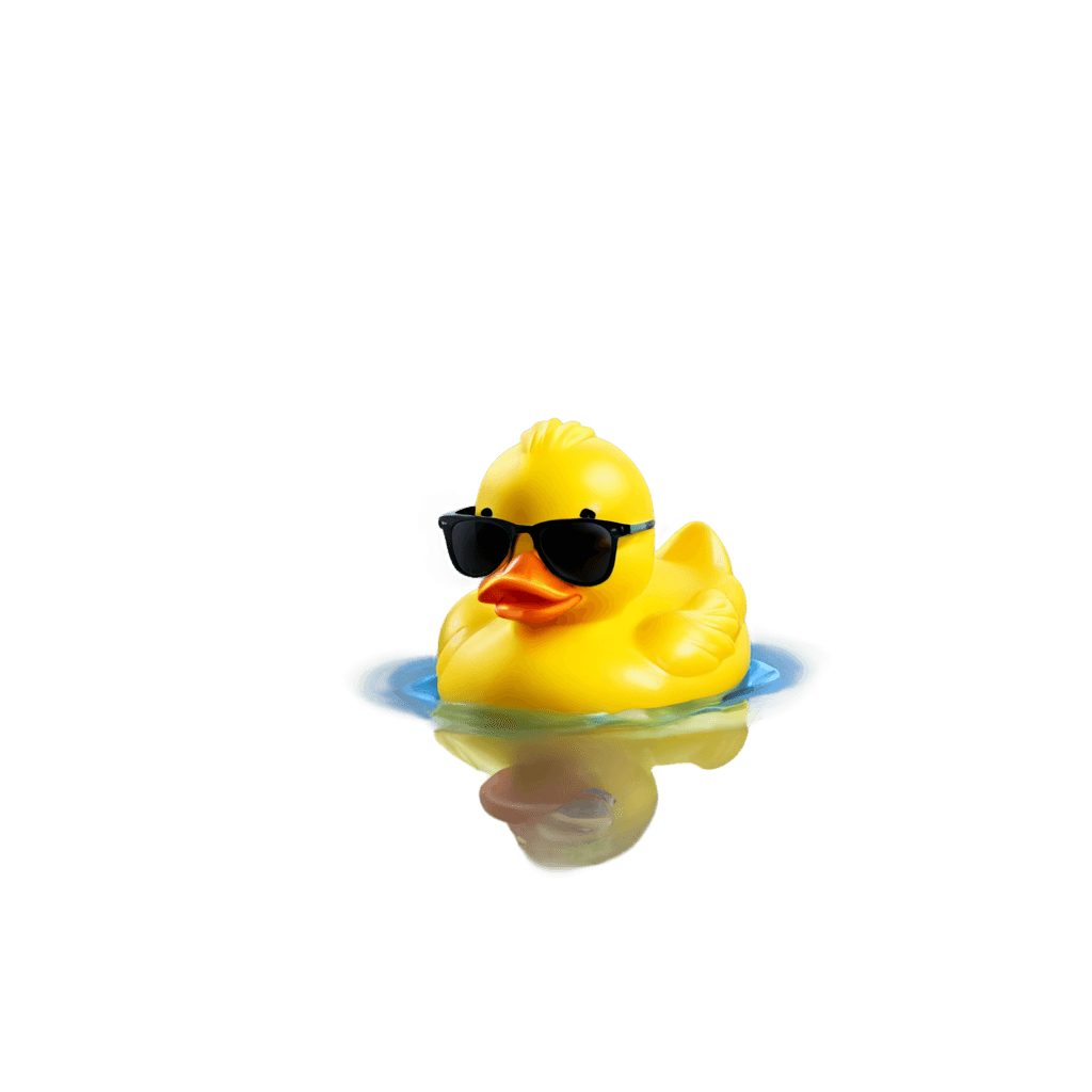 sunglasses,quak,the macho duck,yellow glowing background,subject= duck,dark yellowish water