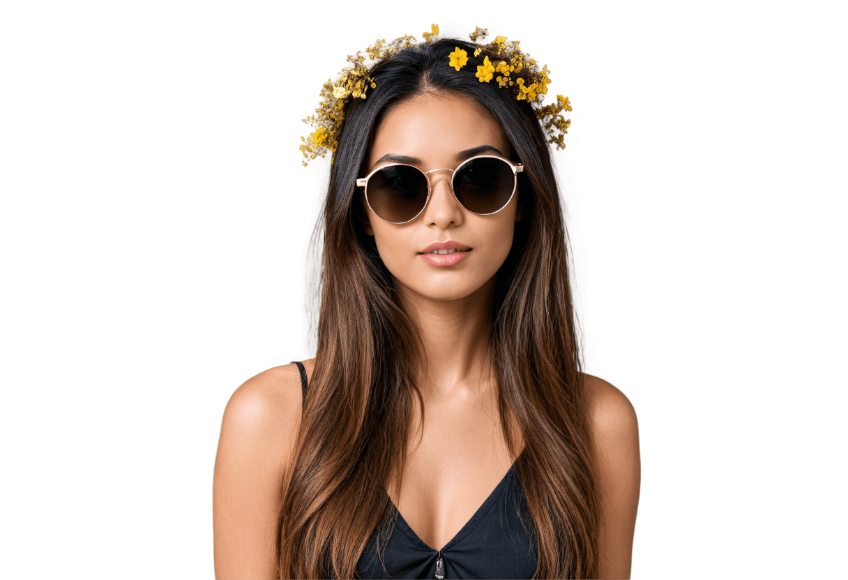 gafas de sol, gafas de sol modelo png, tocado floral, gafas de sol de diseñador, gafas de sol redondas, moda hippie