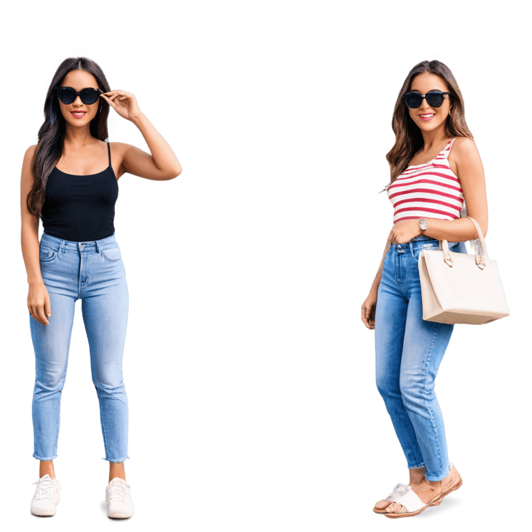 gafas de sol, figura delgada femenina, pantalones vaqueros, fotógrafo de cuerpo completo, atuendo de moda, atuendo de moda moderno