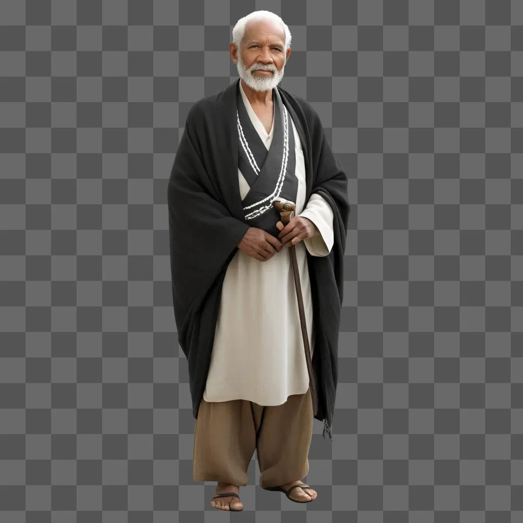 10-year-old man in a white robe and black pants poses with a cane