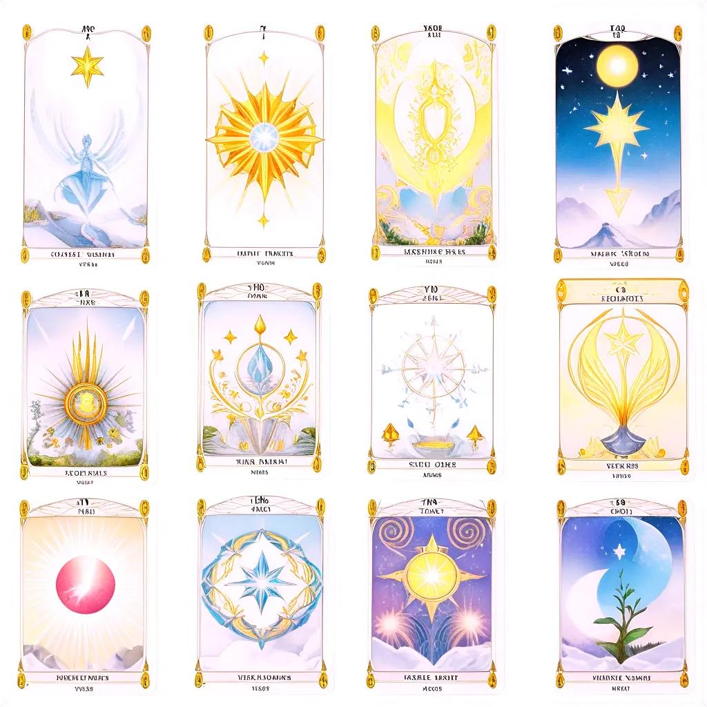 12 cards of tarot cards with stars and suns