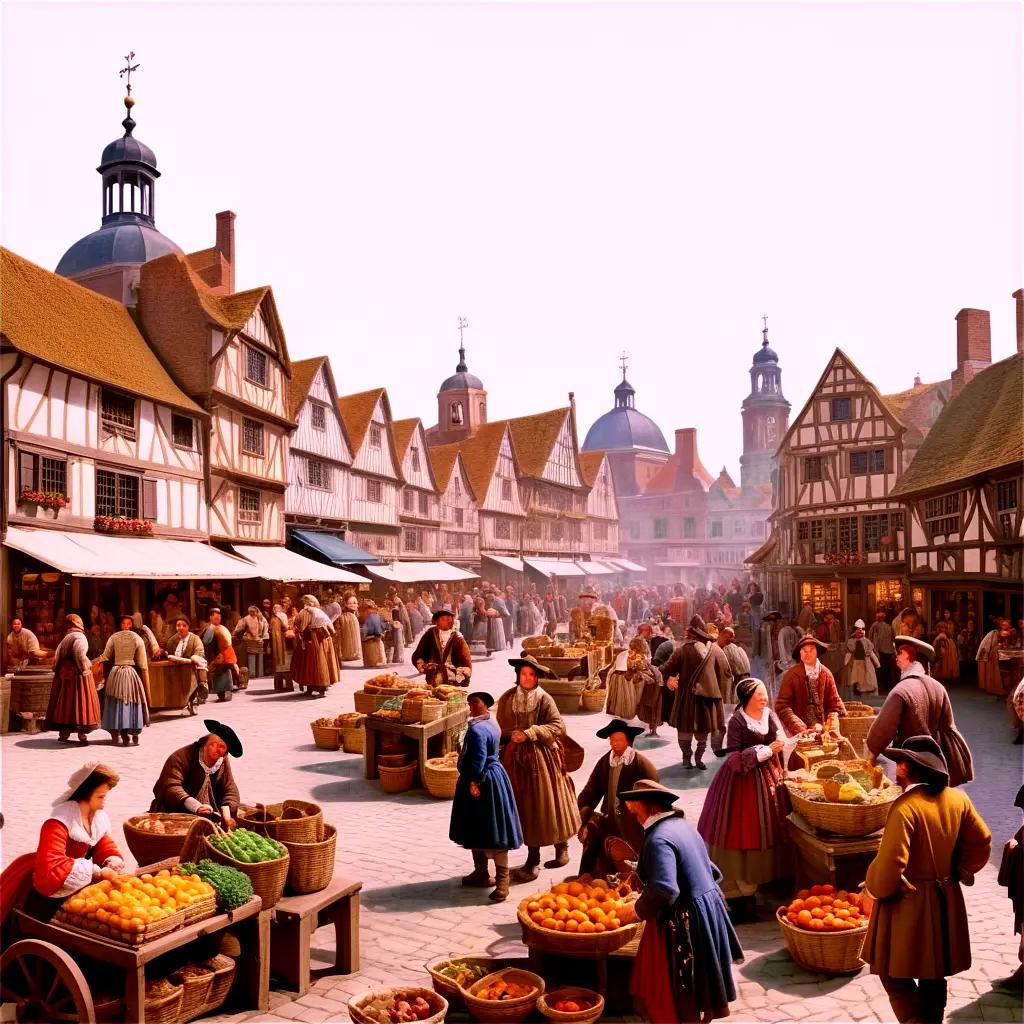 17th century market square bustling with activity