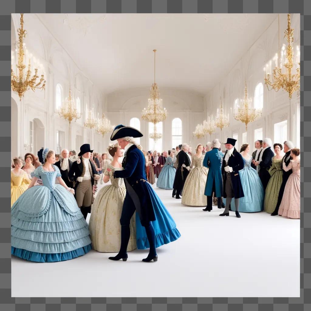 18th Century Ballroom with People in Period Dresses