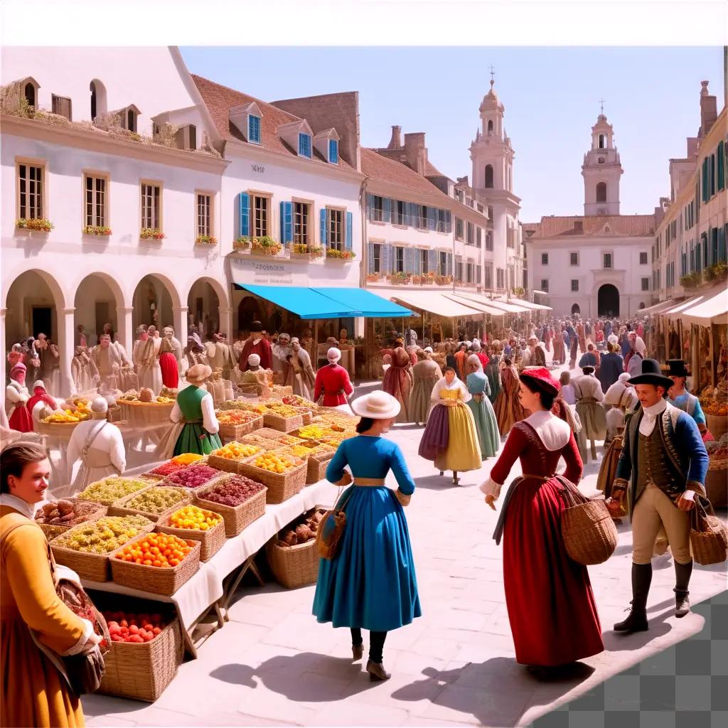 18th century market scene with people dressed in period clothing