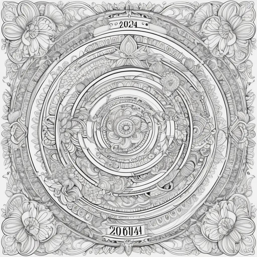 2024 calendar coloring page with flowers and designs