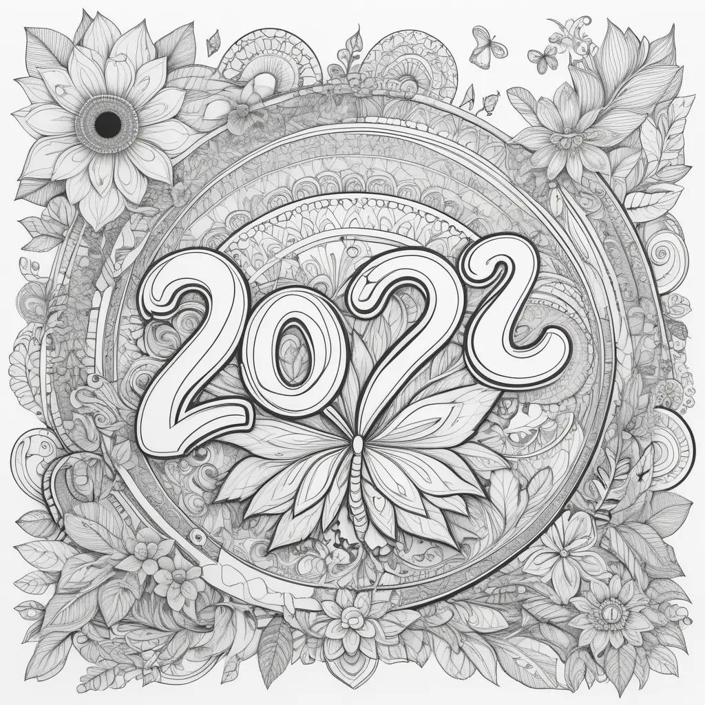 2024 coloring page with a butterfly and flowers