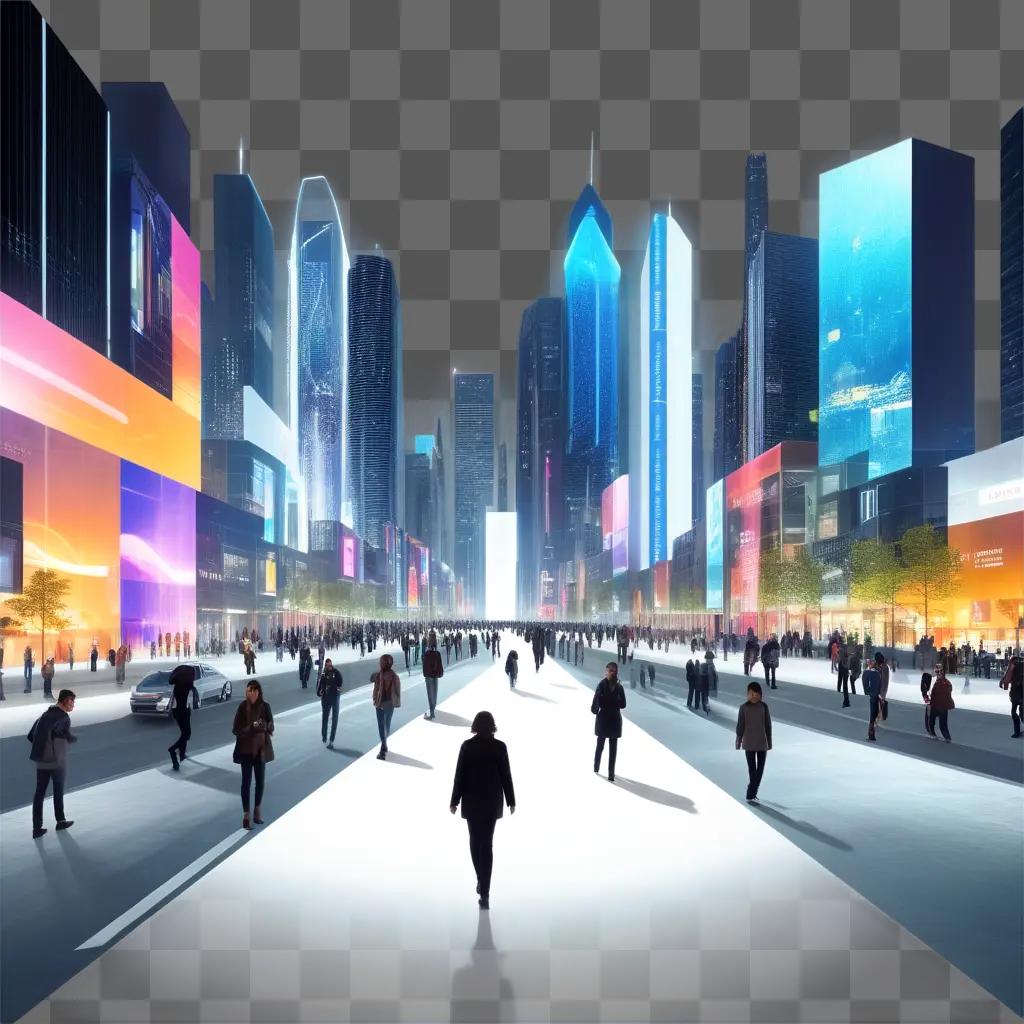 3D cityscape with people walking in the street