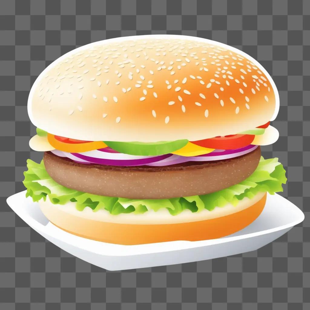 3D hamburger on a plate with a sesame seed bun and fresh lettuce