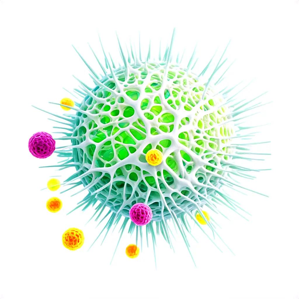 3D illustration of a cell with multiple bubbles surrounding it