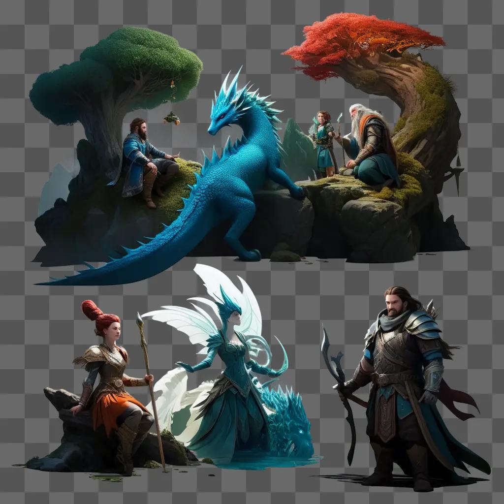 3D image of fantasy creatures and people