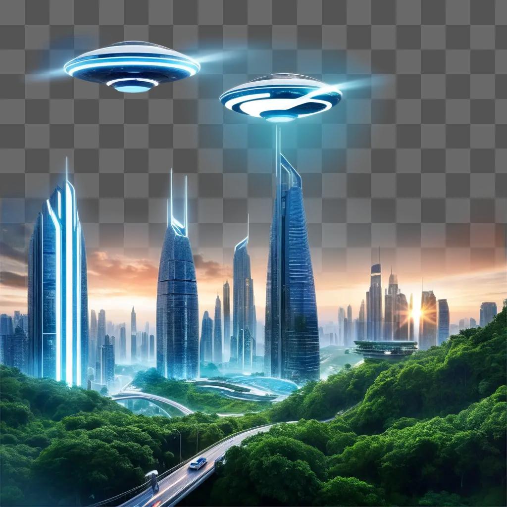 3D images of futuristic city with flying saucers