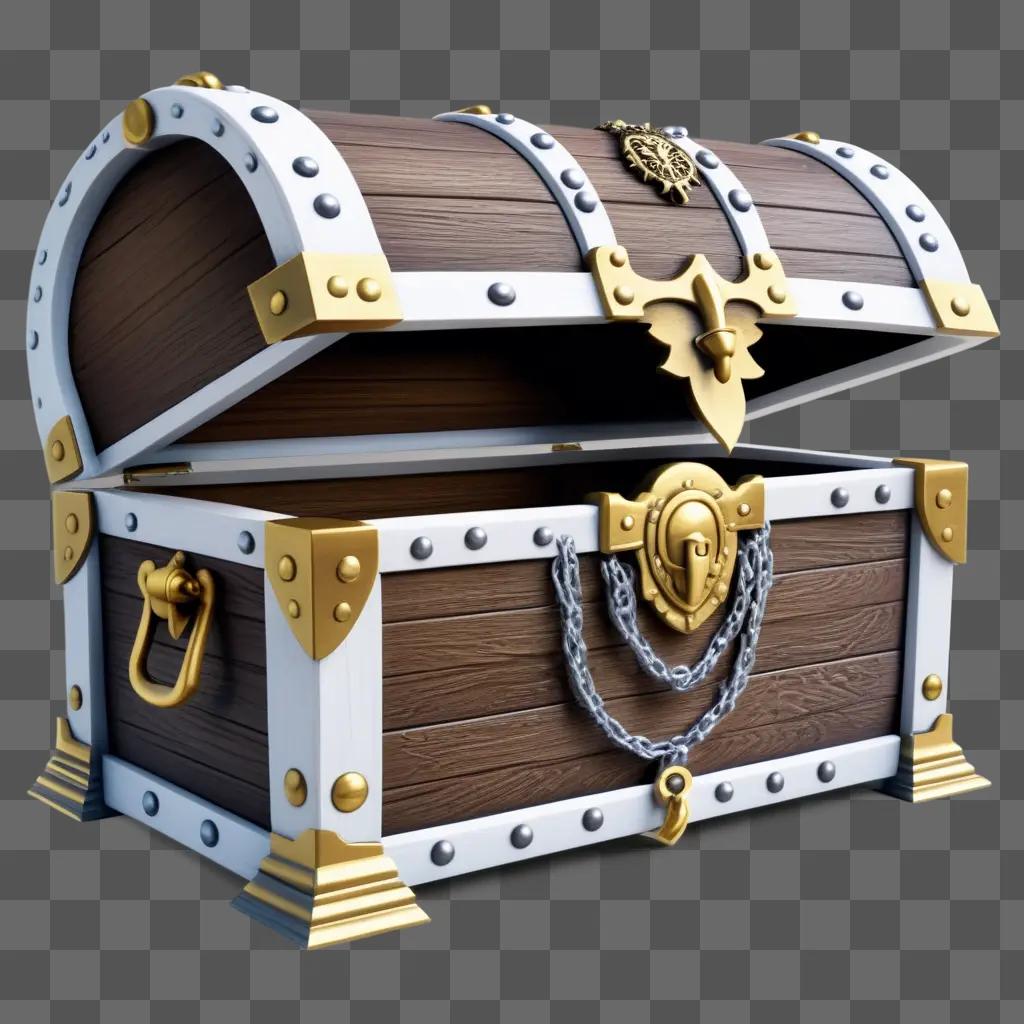 3D model of a treasure chest with gold trim and chains