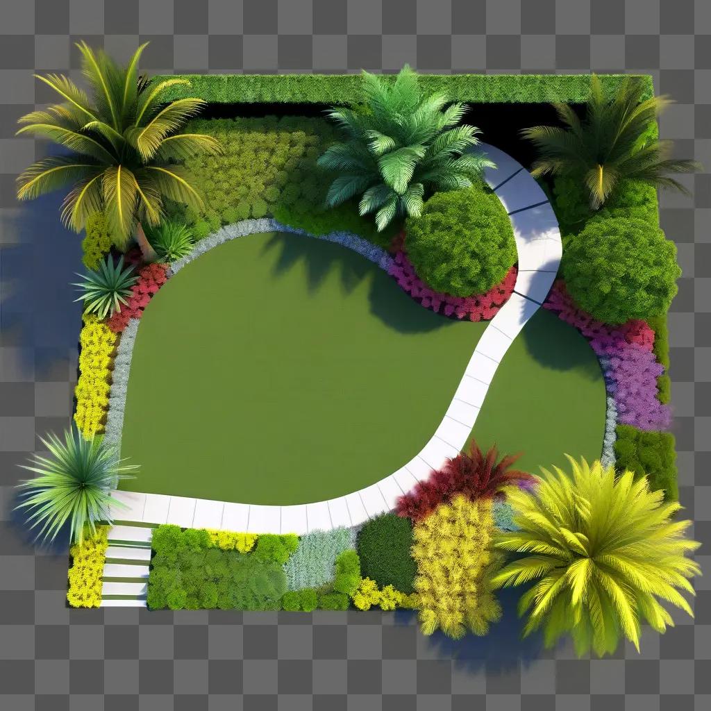 3D rendered landscape design features a path and a heart