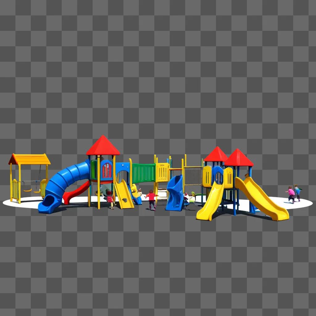 3D rendering of a colorful playground with slides and a slide set