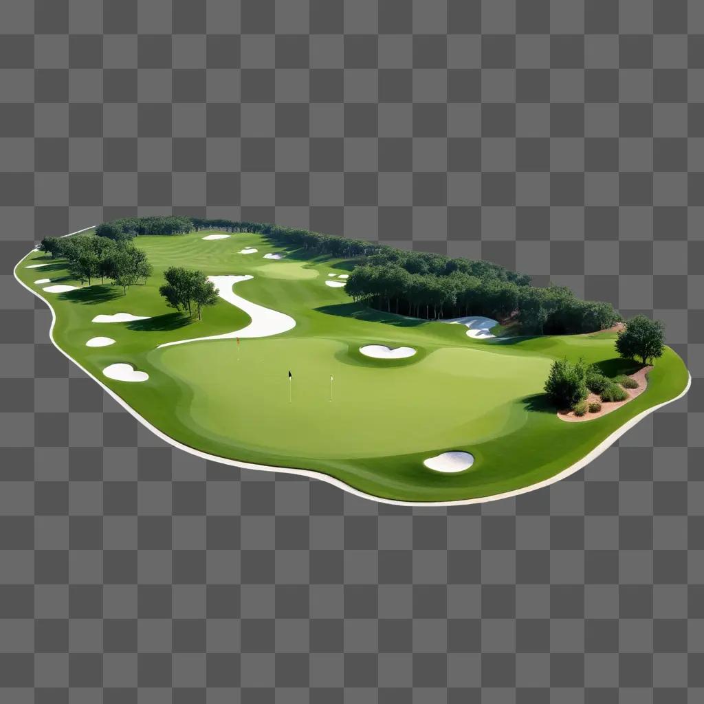 3D rendering of a golf course with a green grassy surface