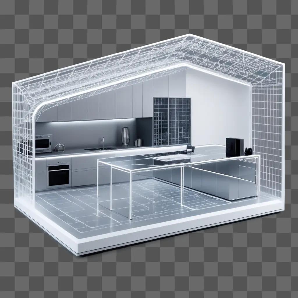 3D wireframe model of kitchen with cabinets and appliances